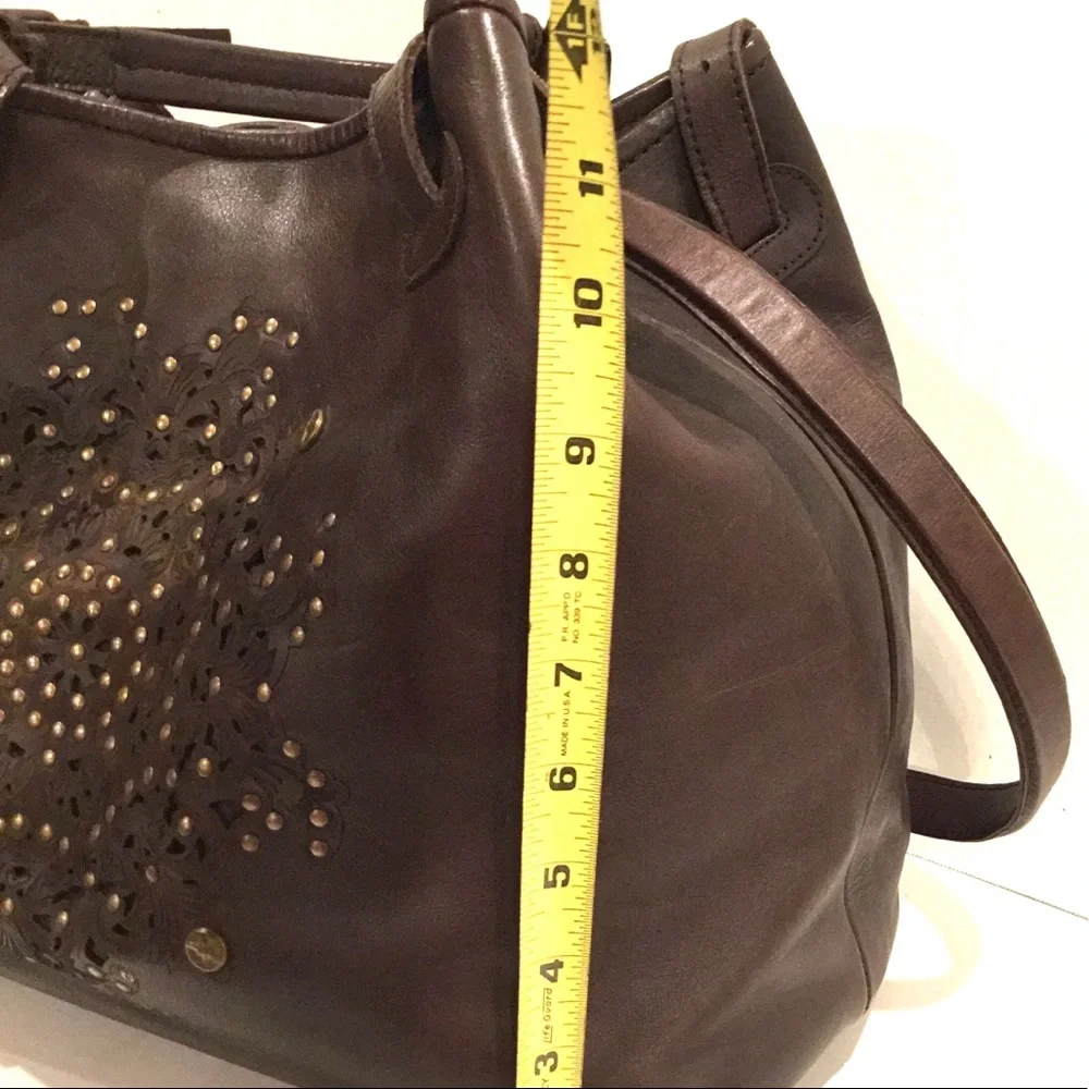 🆕 Platania Brown Italian Leather Large Satchel Slouchy Bag  Stud Details